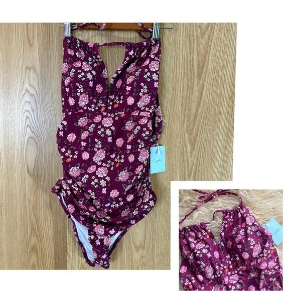 NWT Cupshe Maroon Floral One Piece Swimsuit - Picture 1 of 5